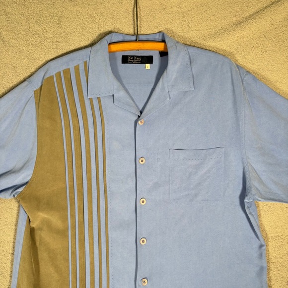 Nat Nast Button Up Shirt Mens Size L Silk Bowling Cuban Blue Black Pintuck - Picture 2 of 13